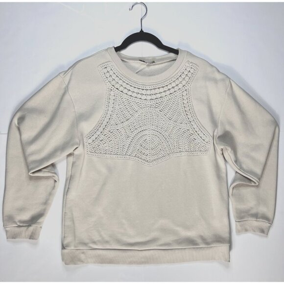 Zara Sweatshirt Cream Crochet Detail Crew Neck – Size Small – Casual/Chic - Picture 1 of 2